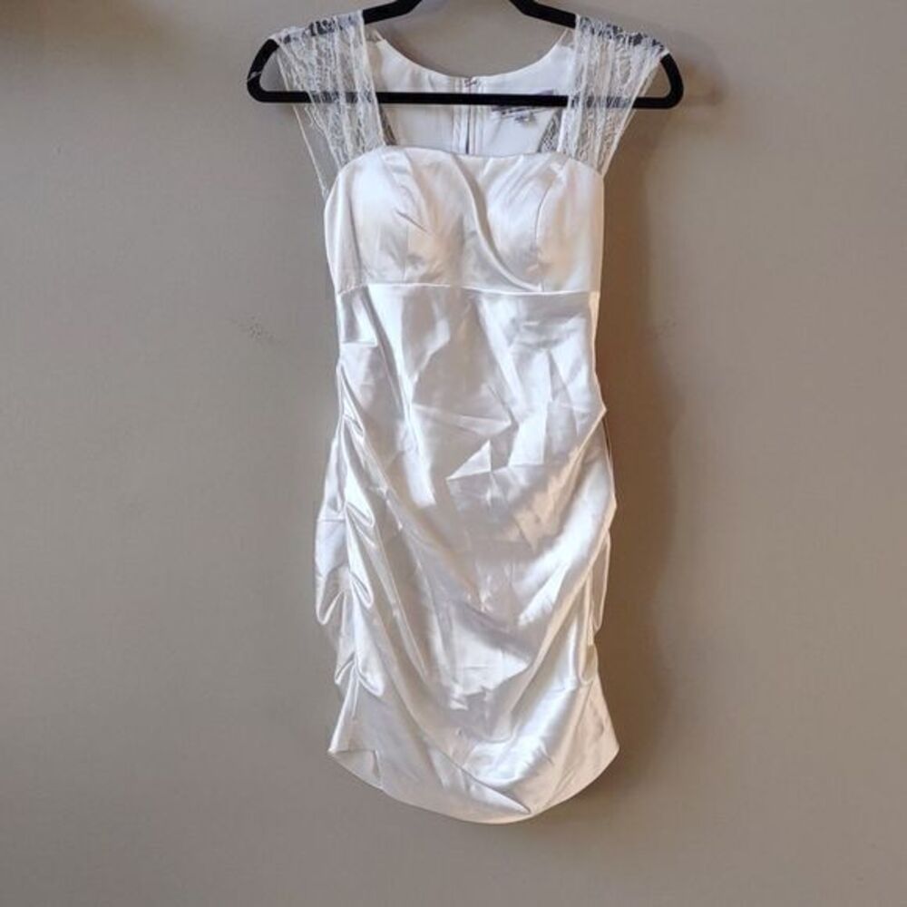 Hailey Logan by Adrianna Papell‎ White Satin Mini Dress w/ Lace Straps Sz S